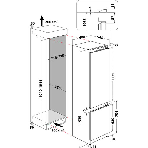 Kitchenaid Combinación de frigorífico / congelador Integrable KCBDR 20701 2 P Blanco 2 doors Technical drawing