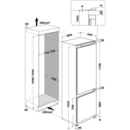 Kitchenaid Kombinerat kylskåp/frys Inbyggd KCBDS 20701 2 Vit 2 doors Technical drawing