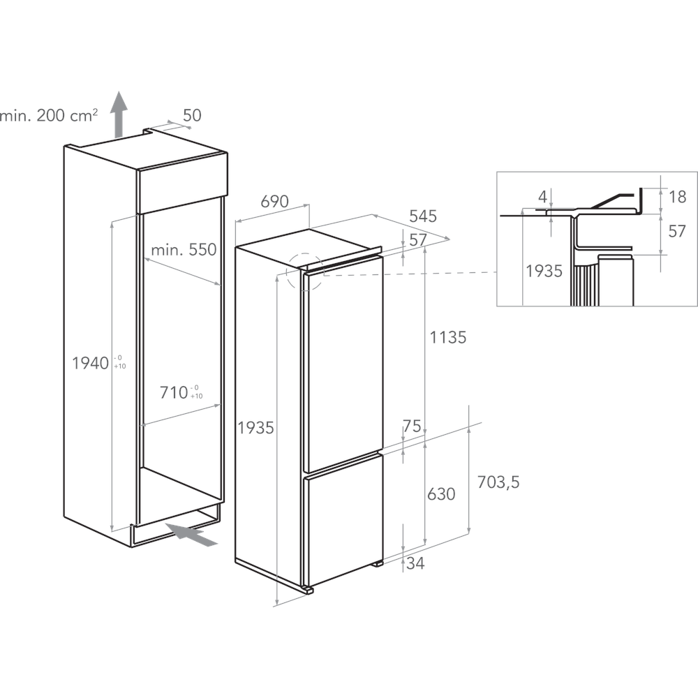 Kitchenaid Kombinerat kylskåp/frys Inbyggd KCBDR 20701 2 Vit 2 doors Technical drawing