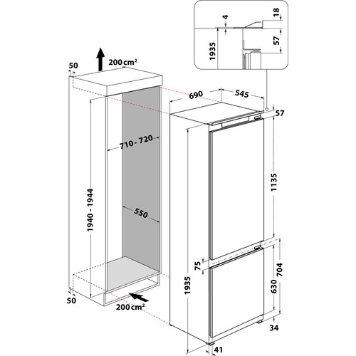 Kitchenaid Kombinerat kylskåp/frys Inbyggd KCBDR 20701 2 Vit 2 doors Technical drawing
