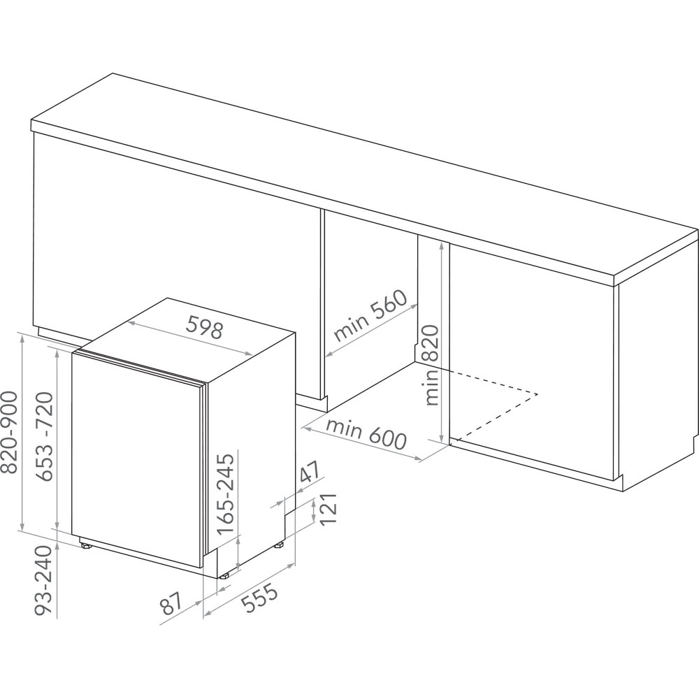 Kitchenaid Opvaskemaskine Indbygning KIO 3T133 PE Fuldt integreret D Technical drawing