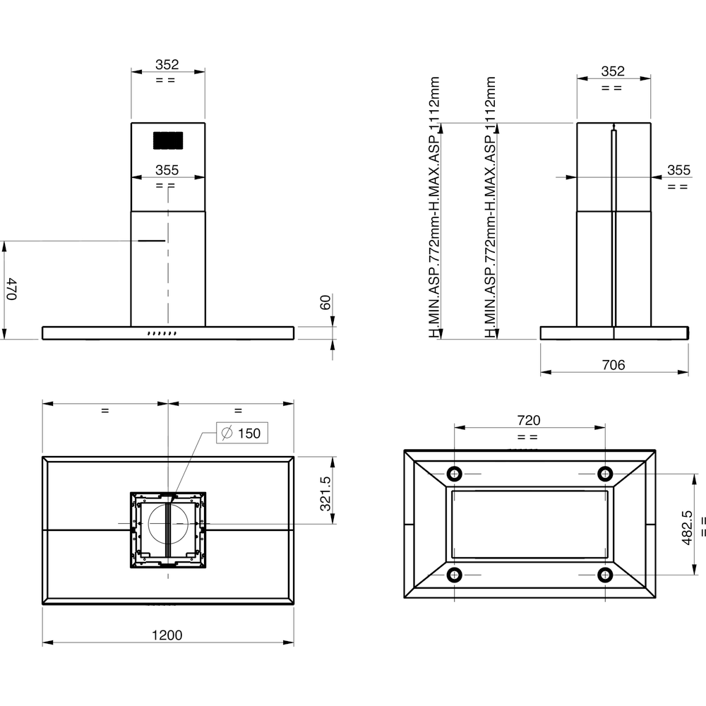 Kitchenaid Hotte Encastrable KEIPP 12020 Inox Pose-libre Electronique Technical drawing