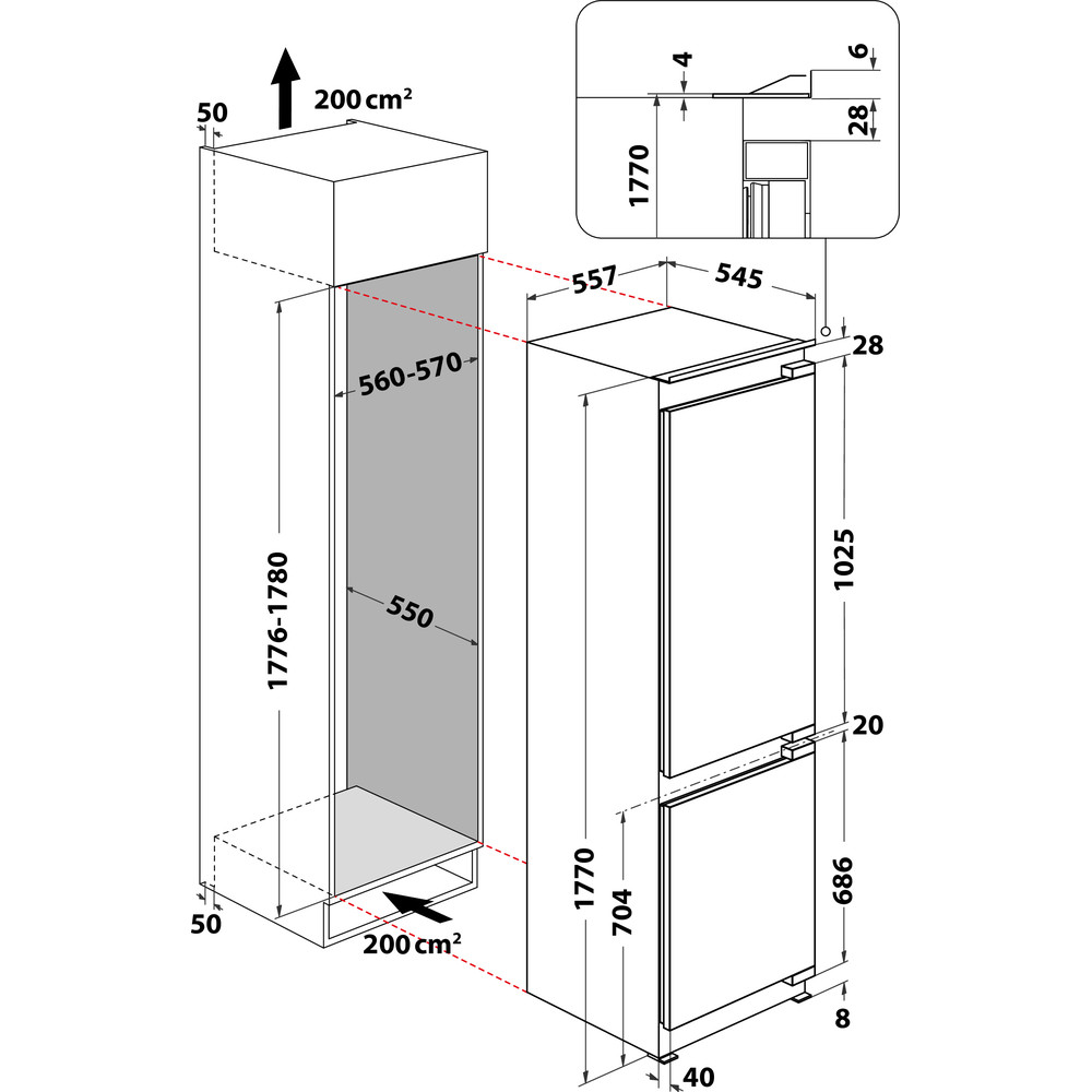 Kitchenaid Kombinerat kylskåp/frys Inbyggd KCBDS 18600 2 Vit 2 doors Technical drawing